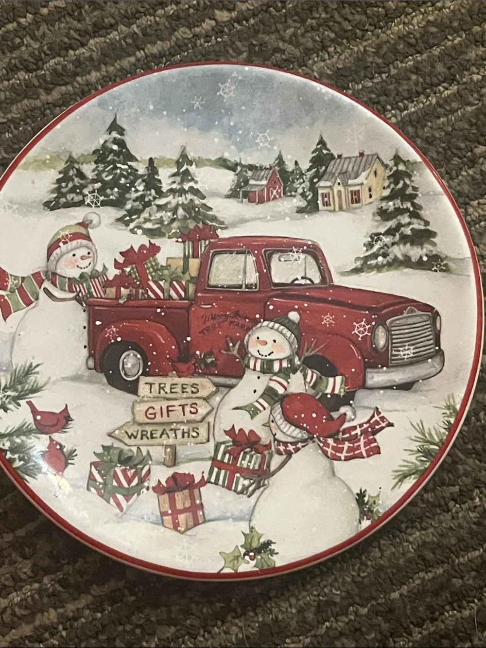 Certified International Red and Green Snowman Truck Holiday Plate